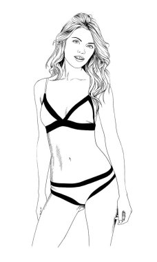 bir mayo mürekkeple çizilmiş bir zarif poz güzel ince kız 