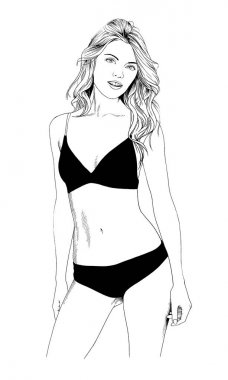 bir mayo mürekkeple çizilmiş bir zarif poz güzel ince kız 