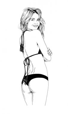 bir mayo mürekkeple çizilmiş bir zarif poz güzel ince kız 