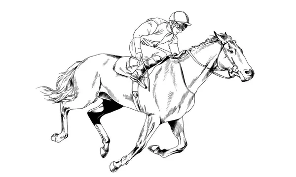 Jockey on a galloping horse painted with ink by hand — Stock Photo, Image