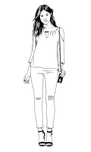 Slender sporty girl drawn in ink by hand — Stock Photo, Image