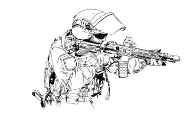 Özel Kuvvetler mürekkeple elle çizilmiş şeklinde silahlı askerler saldırı 