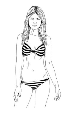 Güzel ince kız bir mayo mürekkeple çizilmiş el ile logo