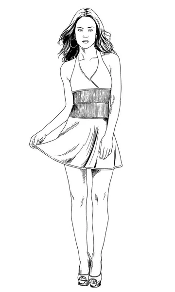Mooi slank meisje in casual kleding, getekend in inkt door hand logo — Stockfoto
