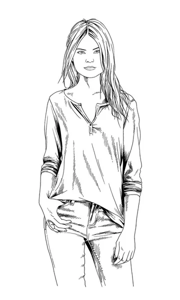 Bella ragazza magra in abiti casual, disegnato con inchiostro a mano logo — Foto Stock