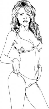 Güzel ince kız bir mayo mürekkeple çizilmiş el ile logo