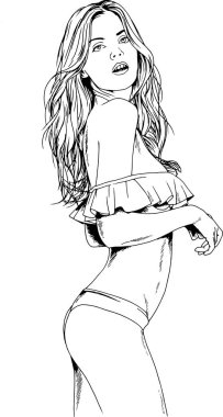 Güzel ince kız bir mayo mürekkeple çizilmiş el ile logo