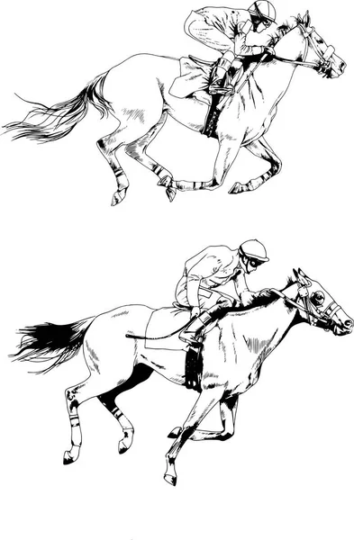 Reihe von Vektorzeichnungen zum Thema Jockey auf handgezeichneten Rennpferden — Stockvektor