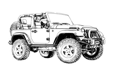 güçlü bir askeri arazi aracı el ile mürekkeple boyalı 