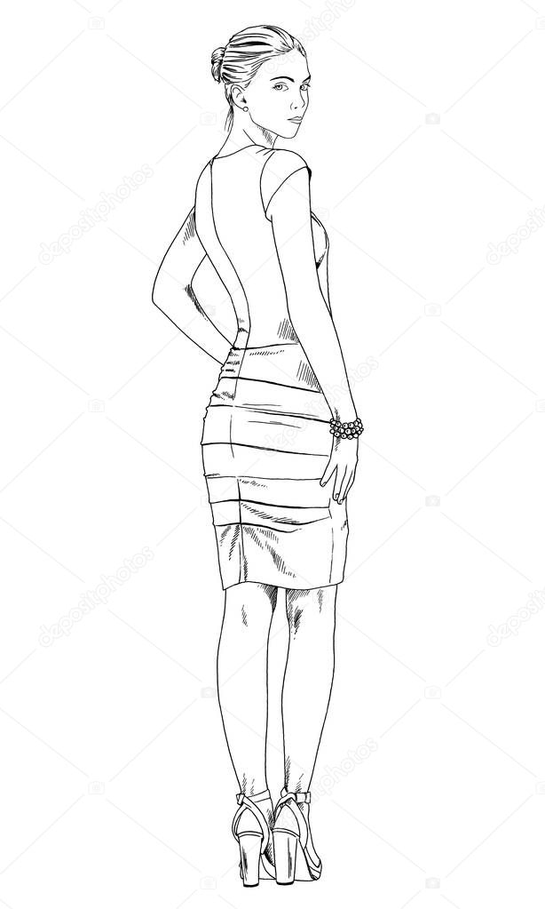 beautiful slim girl in casual clothes, drawn in ink by hand 