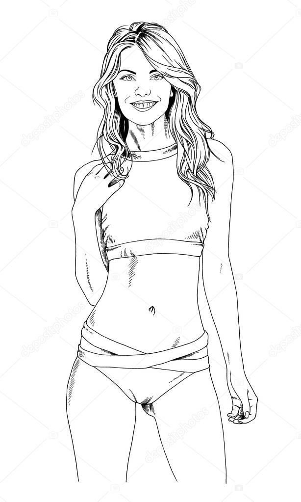 beautiful slim girl in a swimsuit drawn in ink by hand