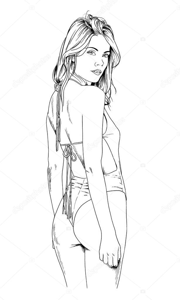 beautiful slim girl in a swimsuit drawn in ink by hand 