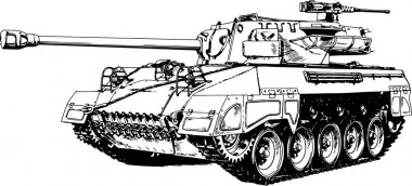 Beyaz bir arka plan üzerinde elle mürekkeple boyalı ağır tank
