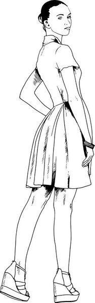 красивая стройная девушка в повседневной одежде, нарисованная чернилами от руки
 