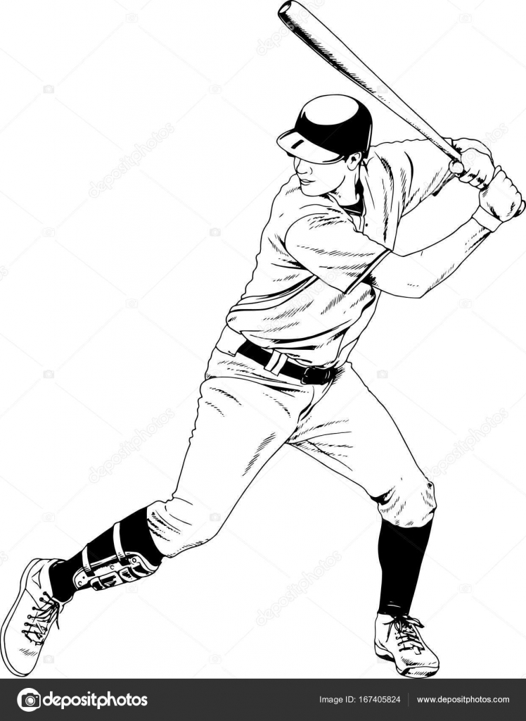 Baseball player with a bat in the pose drawn with ink hand sketch