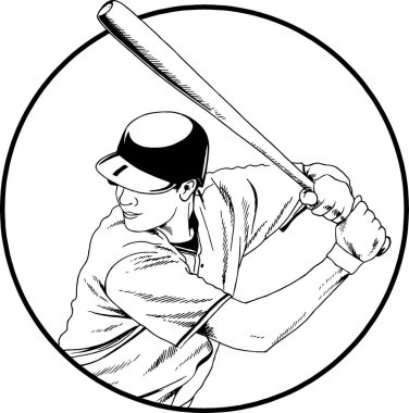 Mürekkep el kroki ile çizilmiş poz sopasıyla beyzbol oyuncusu 