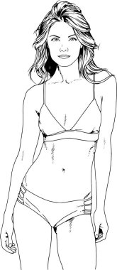 Beyaz bir arka plan üzerinde el ile mürekkeple çizilmiş bir mayo güzel ince kız 