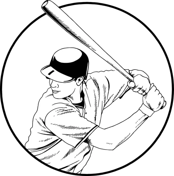 Baseballspelare med en fladdermus i Posen dras med bläck hand skiss — Stock vektor