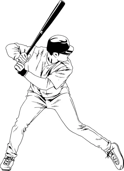 Mürekkep el kroki ile çizilmiş poz sopasıyla beyzbol oyuncusu — Stok Vektör