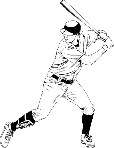 Jugador de béisbol con un bate en la pose dibujado con tinta bosquejo mano — Vector de stock