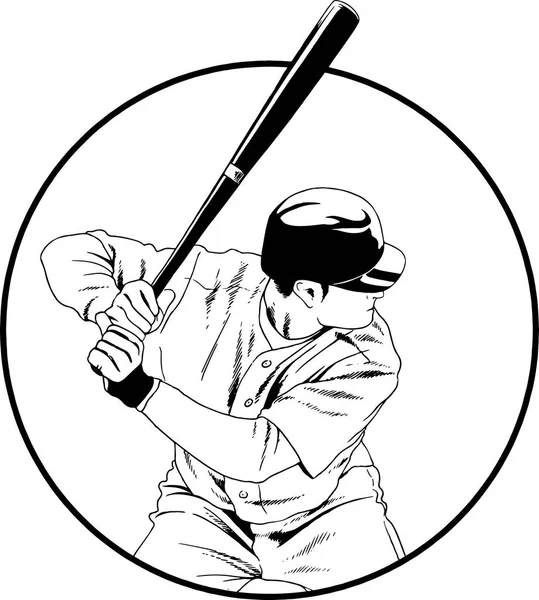 Бейсболіст з кажаном в позі намальований чорнилом ручний ескіз — стоковий вектор