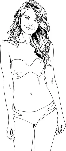 Красивая стройная девушка в купальнике, нарисованном чернилами от руки на белом фоне — стоковый вектор
