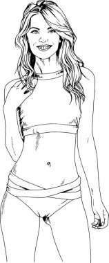 Beyaz bir arka plan üzerinde el ile mürekkeple çizilmiş bir mayo güzel ince kız 