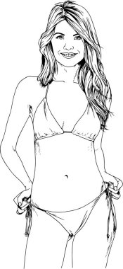 Beyaz bir arka plan üzerinde el ile mürekkeple çizilmiş bir mayo güzel ince kız 