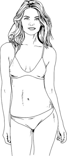 красивая стройная девушка в купальнике, нарисованном чернилами от руки на белом фоне
 