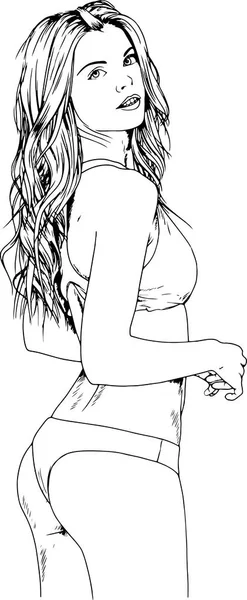 Schöne schlanke Mädchen in einem Badeanzug in Tinte von Hand auf weißem Hintergrund gezeichnet — Stockvektor
