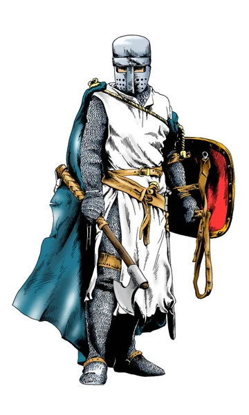 Beyaz bir arka plan üzerinde tam büyüme elinden mürekkeple boyalı zırh büyük şövalye — Stok fotoğraf