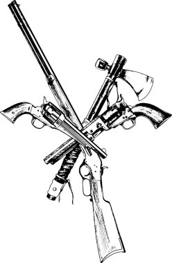 wild West, mürekkeple çizilmiş eski silahlar 