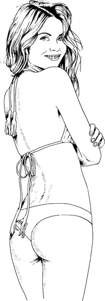 Красива струнка дівчина в купальнику в витонченій позі, намальованій чорнилом вручну — стоковий вектор