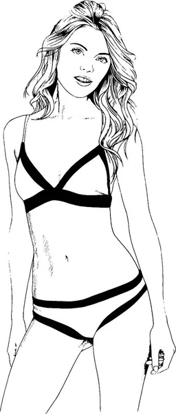 Mooi slank meisje in een zwembroek getekend in inkt met de hand op een witte achtergrond — Stockvector