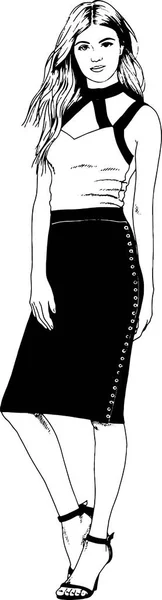 カジュアルな服を着て、手スケッチによってインクで描かれた美しいスリムな女の子 — ストックベクタ