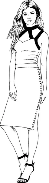 Bela menina magro em roupas casuais, desenhado em tinta à mão esboço —  Vetores de Stock