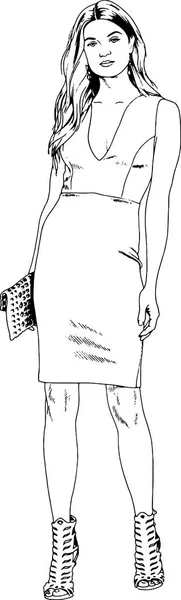 Bela menina magro em roupas casuais, desenhado em tinta à mão esboço —  Vetores de Stock