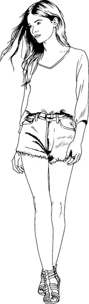 Πανέμορφο λεπτό κορίτσι σε casual ρούχα, που σύρονται με μελάνι από χέρι σκίτσο — Διανυσματικό Αρχείο