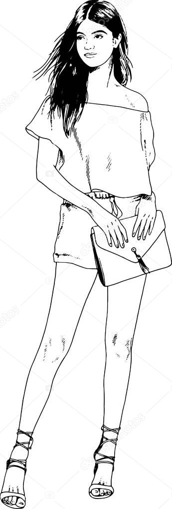 beautiful slim girl in casual clothes, drawn in ink by hand sketch