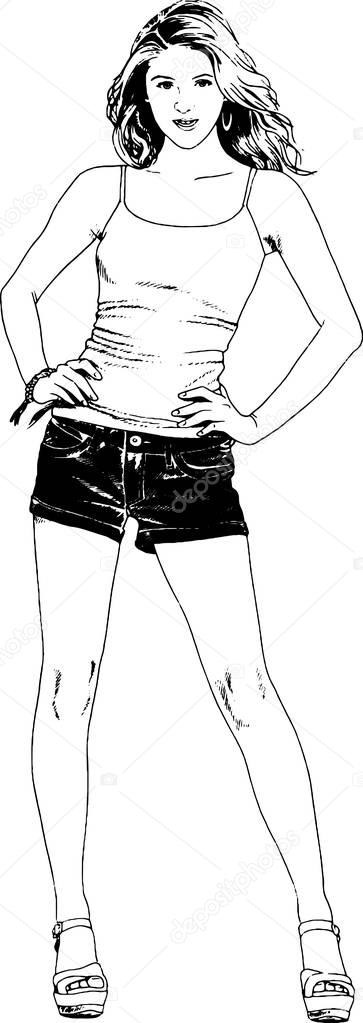 beautiful slim girl in casual clothes, drawn in ink by hand sketch