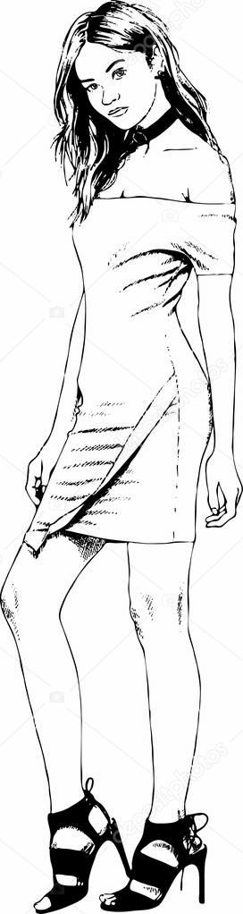 beautiful slim girl in casual clothes, drawn in ink by hand sketch