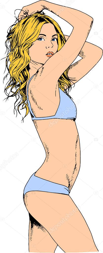 beautiful slim girl in a swimsuit drawn in ink by hand on a white background 