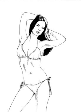 Beyaz bir arka plan üzerinde el ile mürekkeple çizilmiş bir mayo güzel ince kız