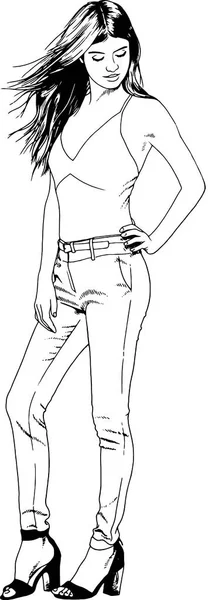 Gadis cantik langsing dengan pakaian kasual, digambar dengan tinta oleh tangan sketsa - Stok Vektor