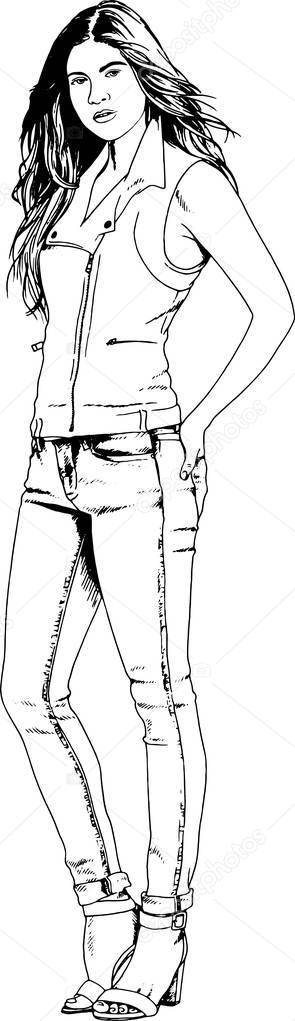 beautiful slim girl in casual clothes, drawn in ink by hand sketch