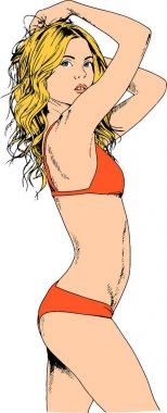 Beyaz bir arka plan üzerinde el ile mürekkeple çizilmiş bir mayo güzel ince kız