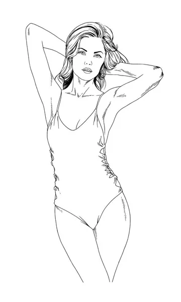 Piękna, szczupła dziewczyna w strój kąpielowy w taktowny stanowią ręcznie rysowane tuszem — Zdjęcie stockowe