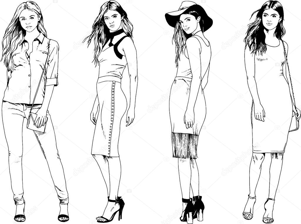set of vector drawings on the theme of beautiful girls drawn by hand with ink on 