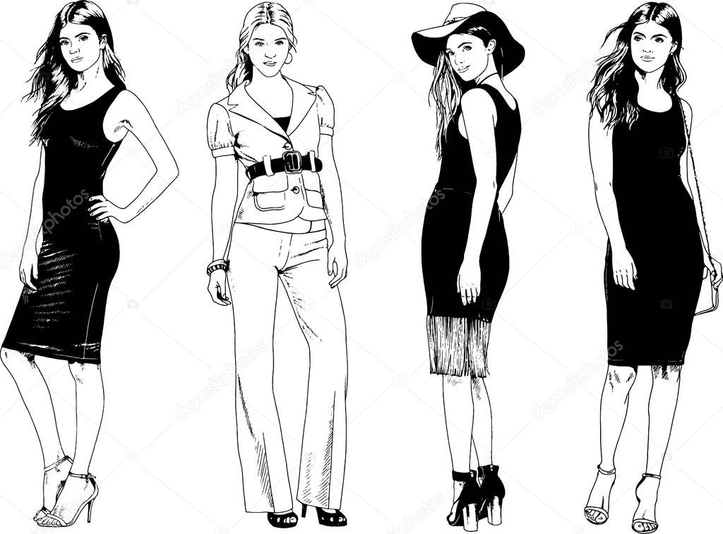 set of vector drawings on the theme of beautiful girls drawn by hand with ink on 