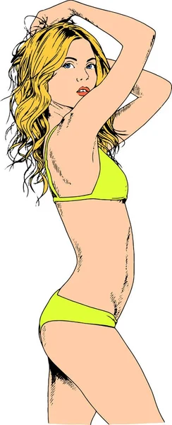 Schöne schlanke Mädchen in einem Badeanzug in Tinte von Hand gezeichnet Logo — Stockvektor